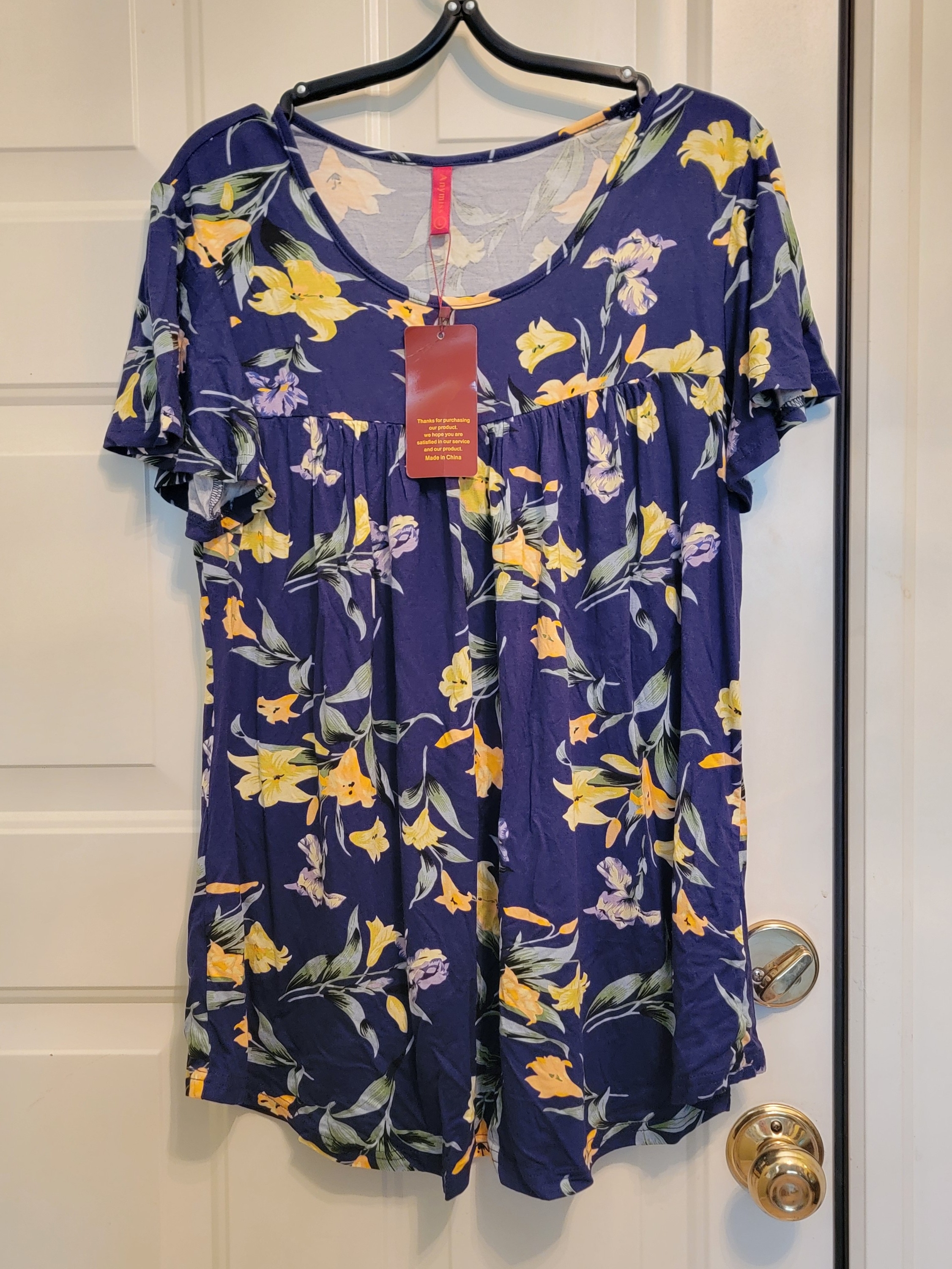 Women's Navy Floral Flutter Sleeve Tunic - Yellow Flower Print